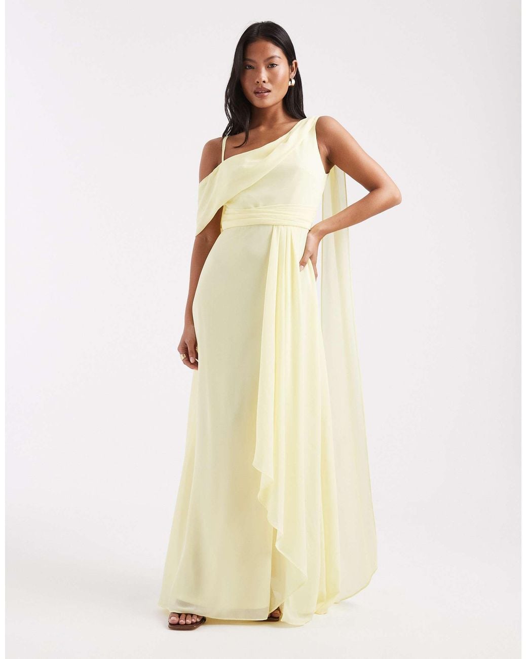 TFNC London Bridesmaid Chiffon Fallen Shoulder Maxi Dress With Wrap Skirt  in Natural | Lyst