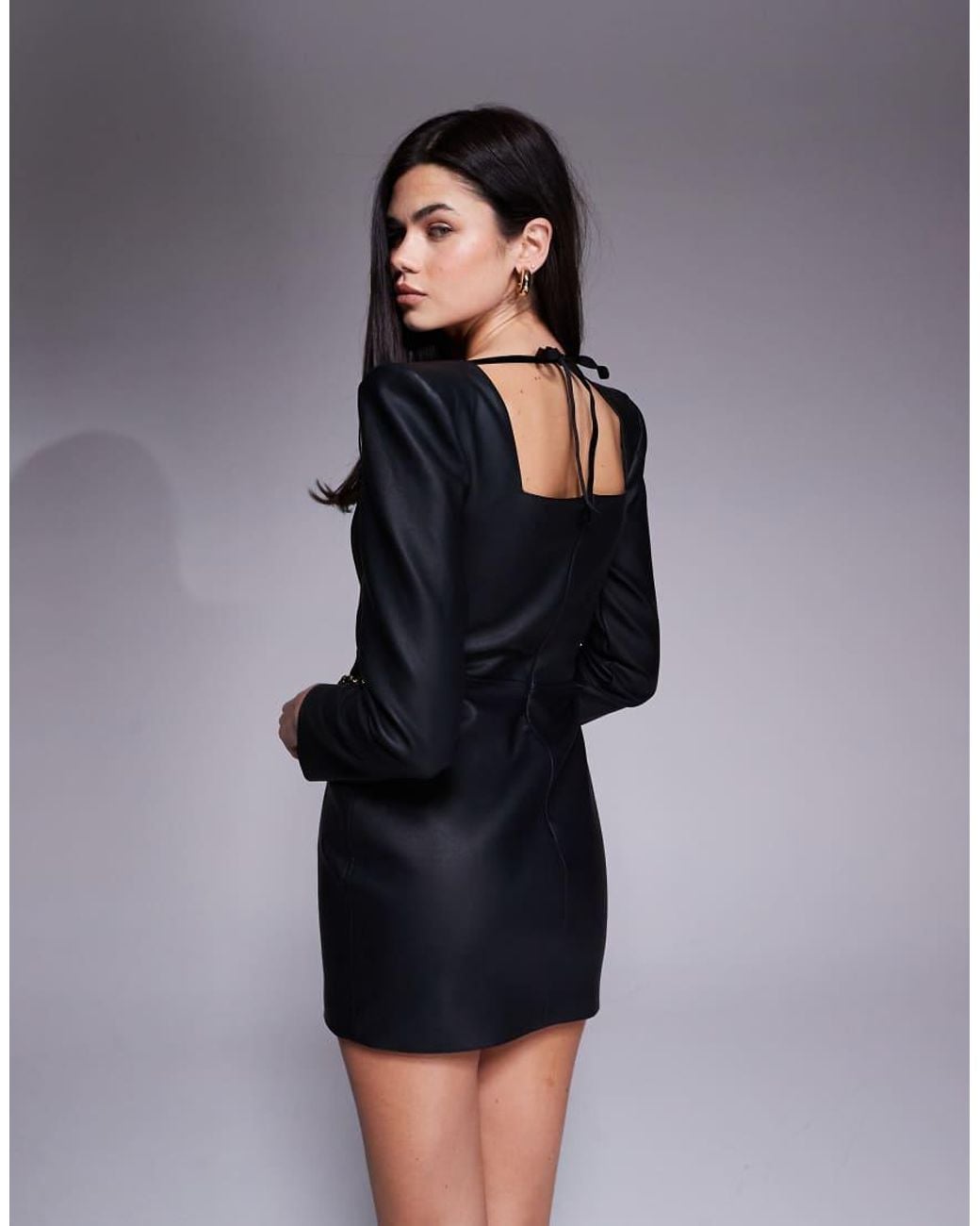 The Dolls House Black Kellis Leather-look Long Sleeve Mini Dress With Chain Detail