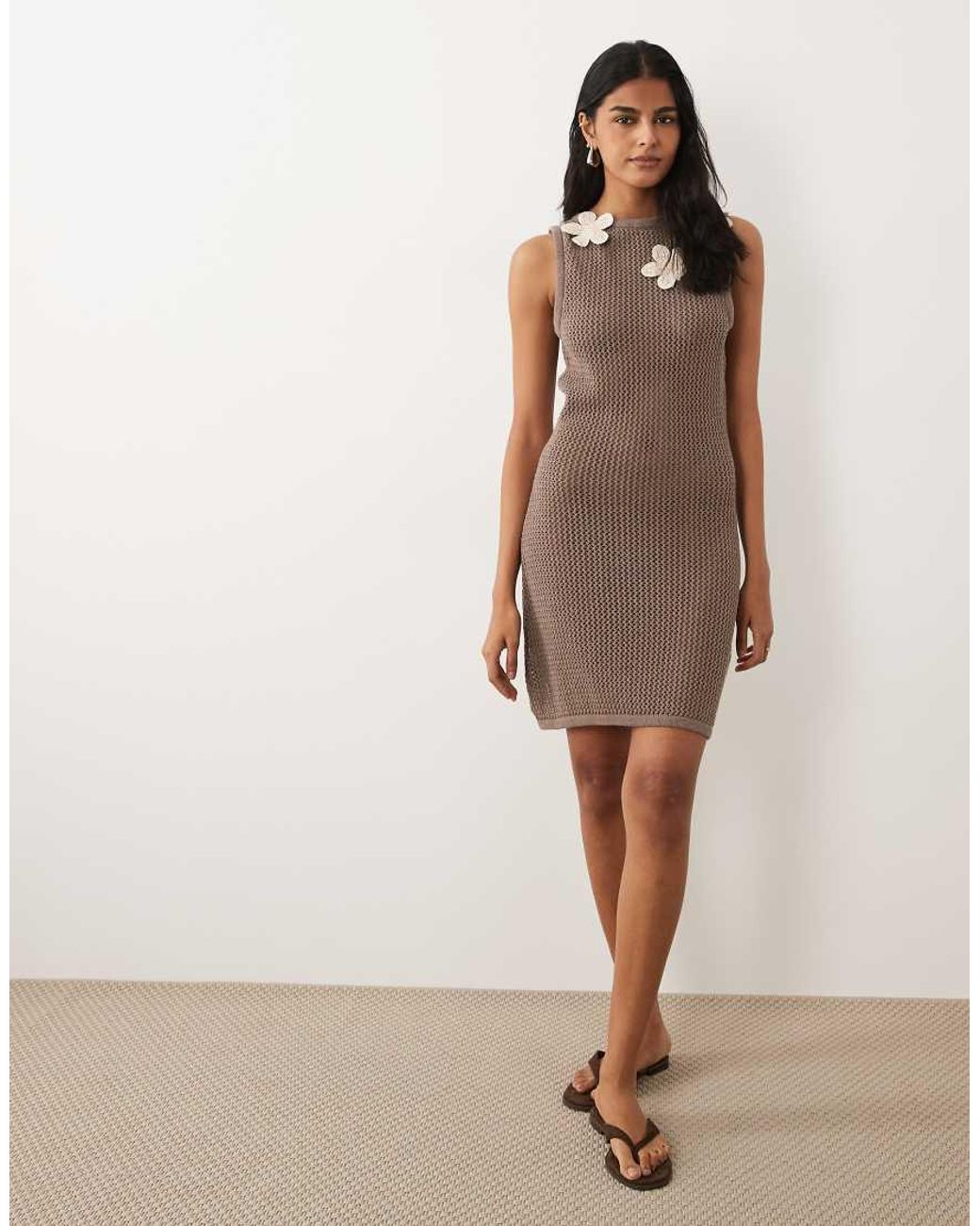 ASOS Brown Knitted 3d Floral Mini Dress