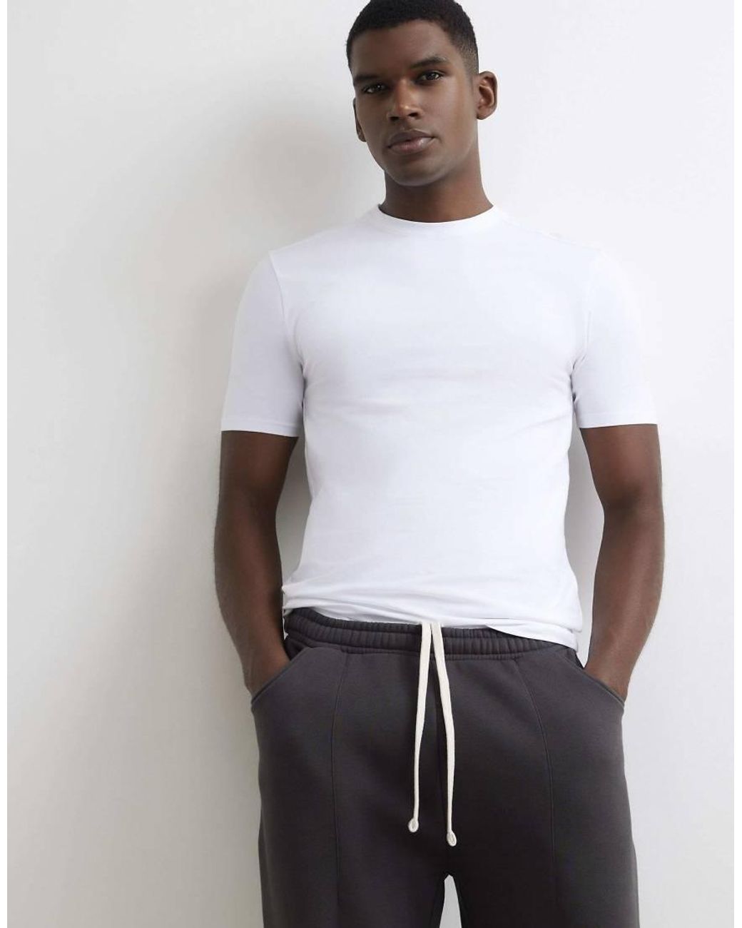 River Island Gray Muscle Fit Cotton Stretch T-Shirt for men