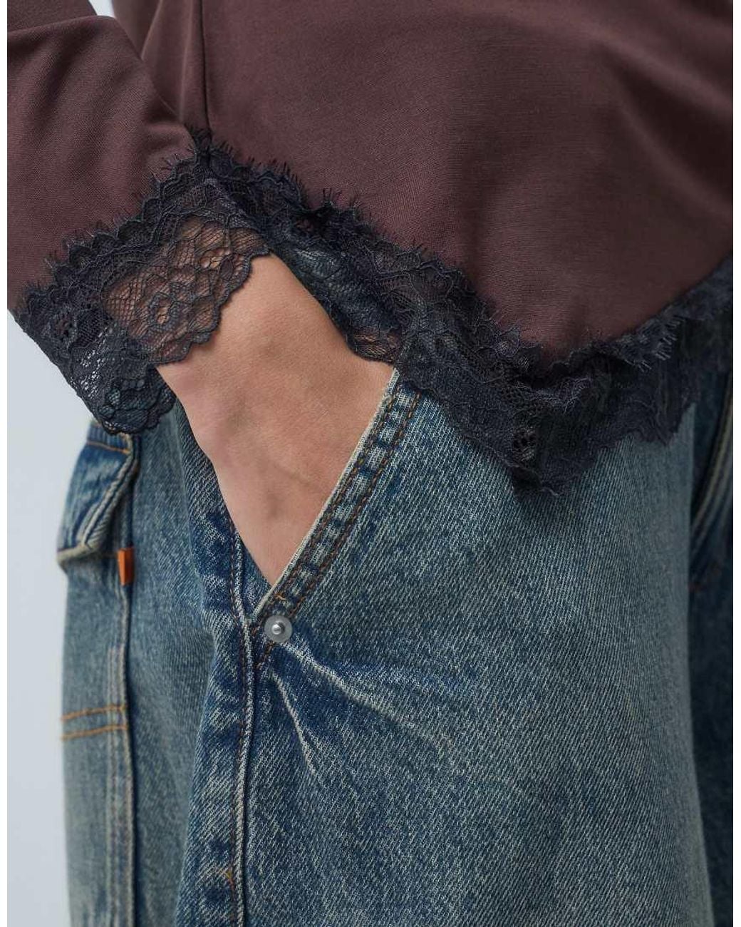 ONLY Brown Crew Neck Asymmetric Long Sleeve Top With Lace Hem