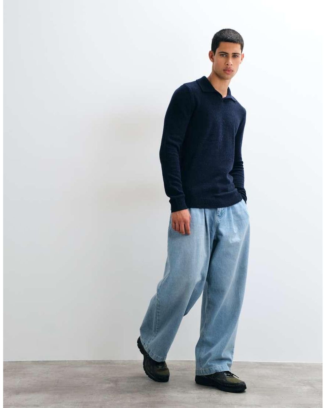 Blend Blue Knitted Collared Wool-mix Jumper for men