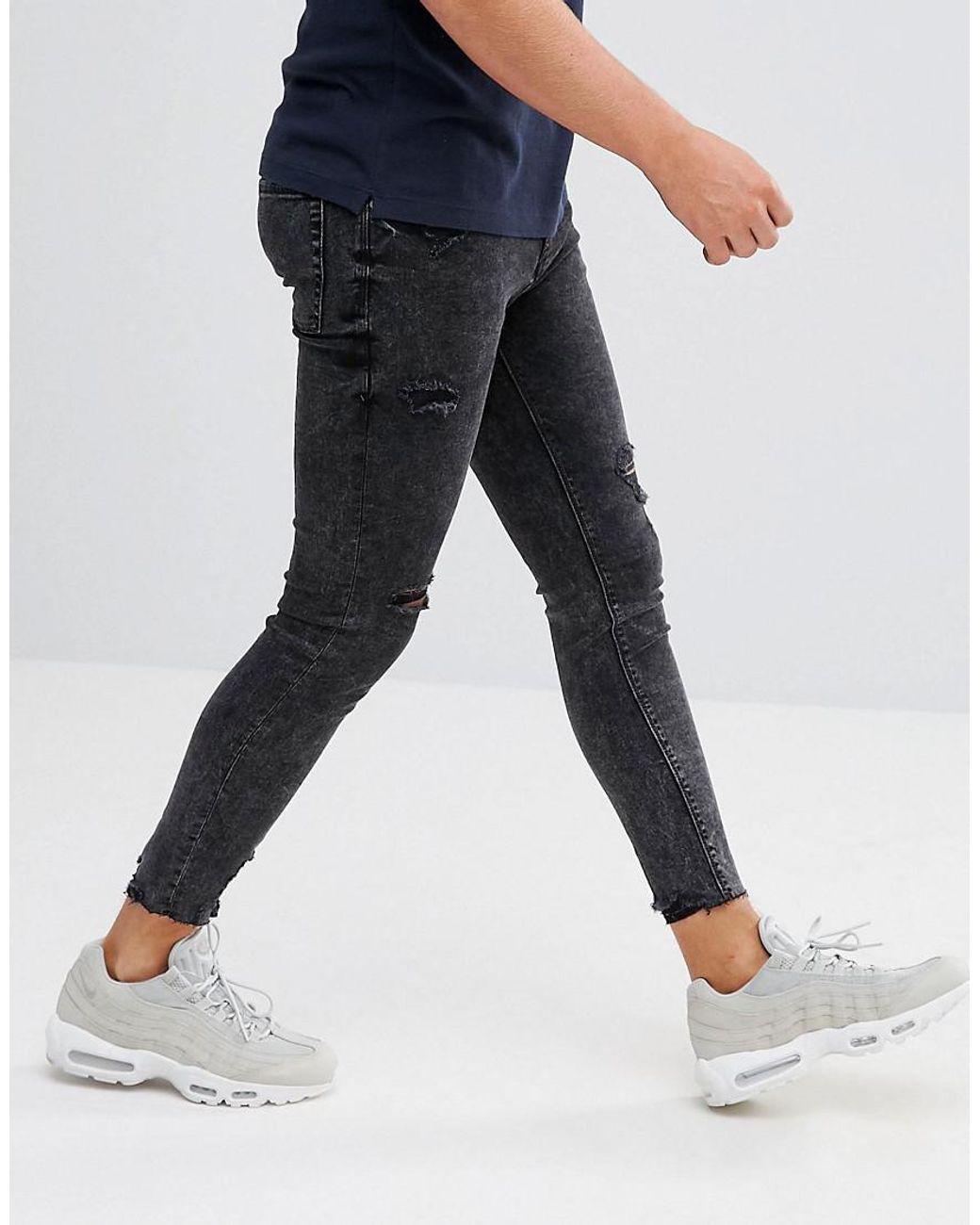 Pull&Bear Super Skinny Cropped Jeans With Rips In Washed Black in Gray for  Men | Lyst