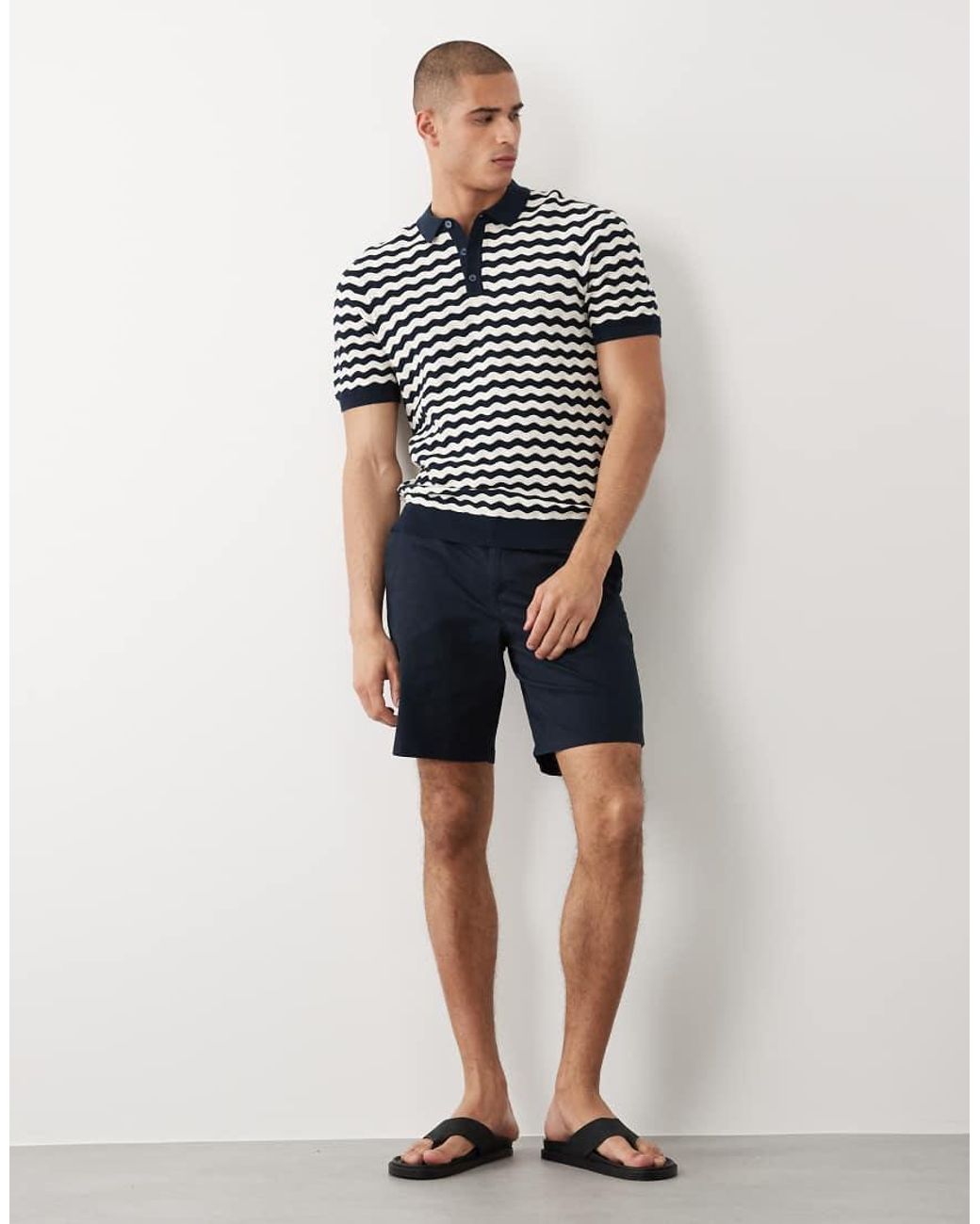 Threadbare Blue Short Sleeve Knitted Polo Top With Zig Zag Print for men