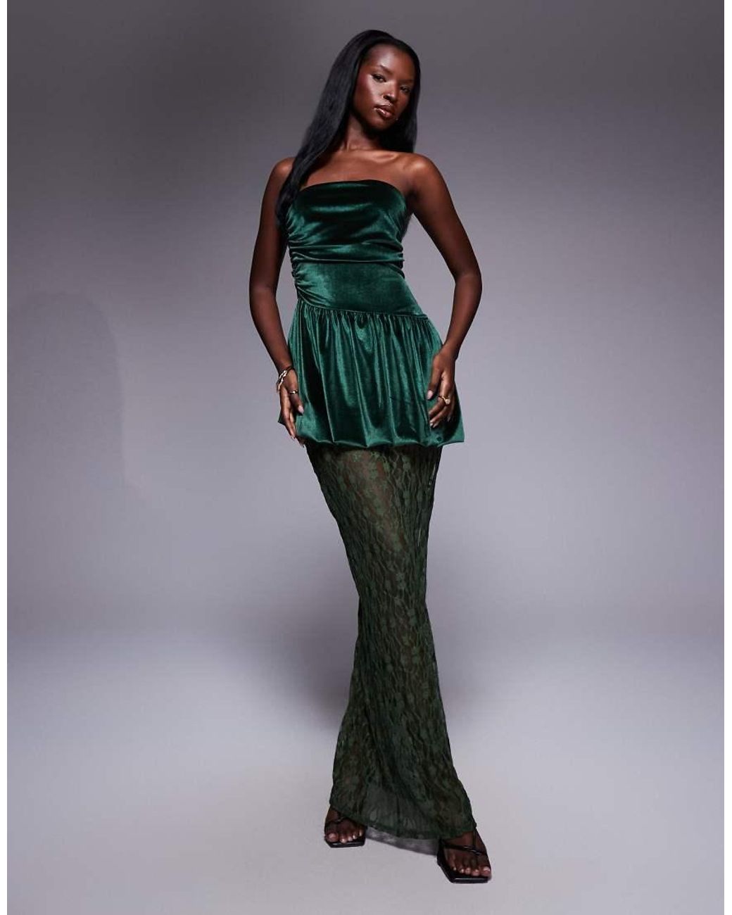 ASOS Velvet Bandeau Peplum Midi Dress With Lace Skirt in Green