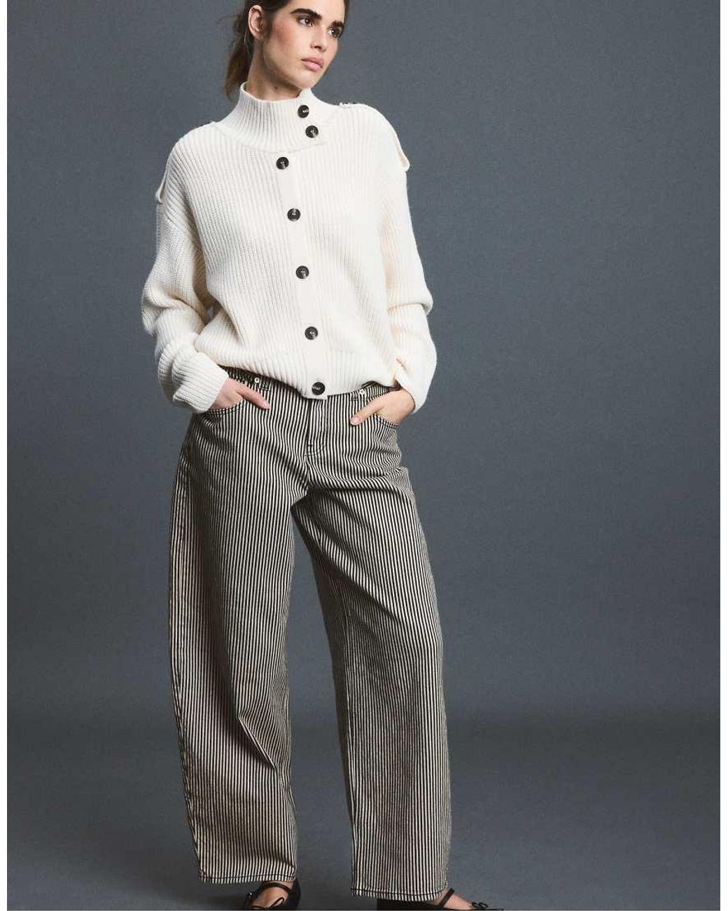 Stradivarius Gray High-Neck Button-Up Knit Cardigan