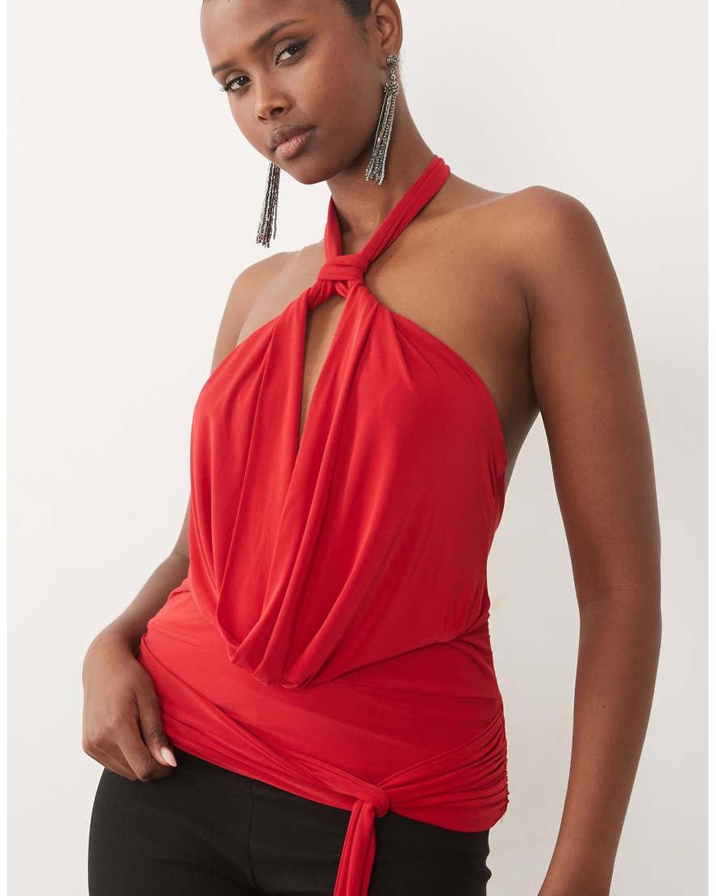 ASOS Red Slinky Cowl Draped Sash Halter Top