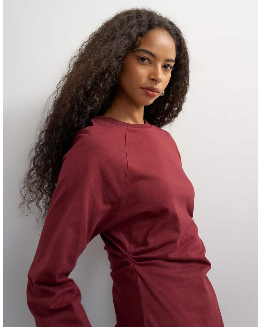 TOPSHOP Red Cinched Waist Long Sleeve Raglan T-Shirt