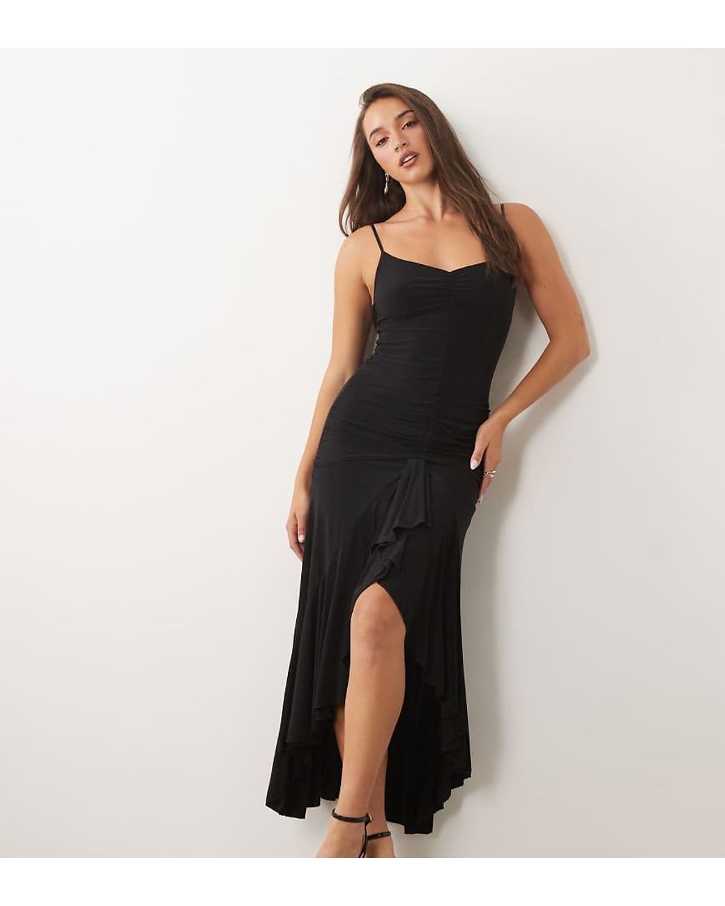 Fashionkilla Black Exclusive Double Sculpted Slinky Cami Ruffle Front High Low Maxi Dress