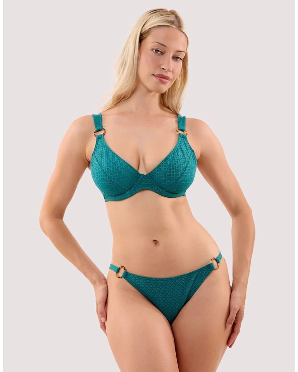 Wolf & Whistle Green Ariel Emerald Textured Underwire Plunge Bikini Top With Ring