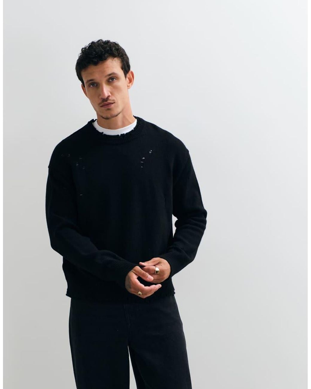 AllSaints Blue Wolf Merino Wool Distressed Knit Jumper for men