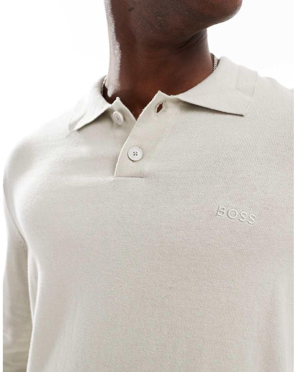 Boss White Long Sleeve Knitted Polo Top for men