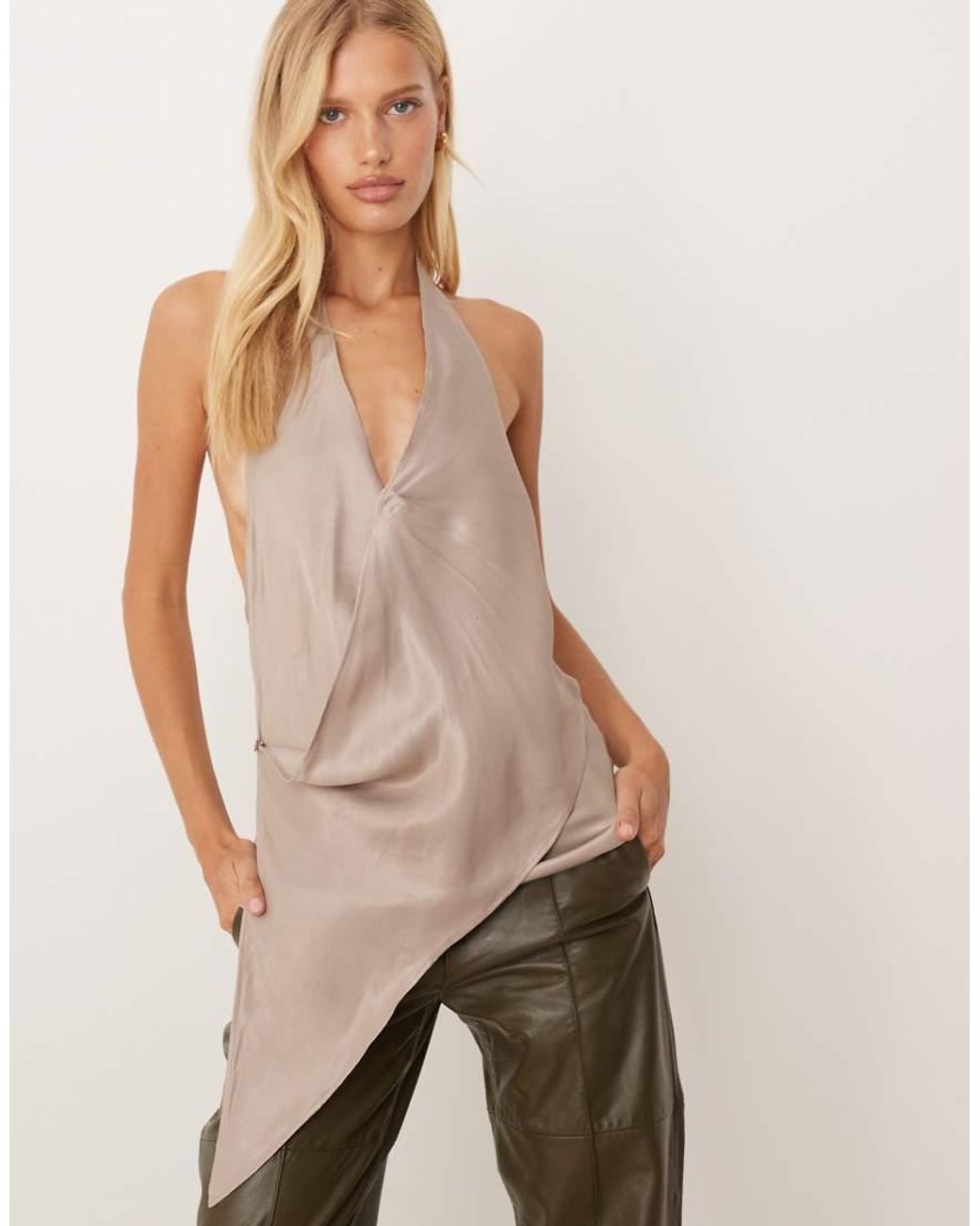 ASOS Natural Satin Scarf Neck Drape Top