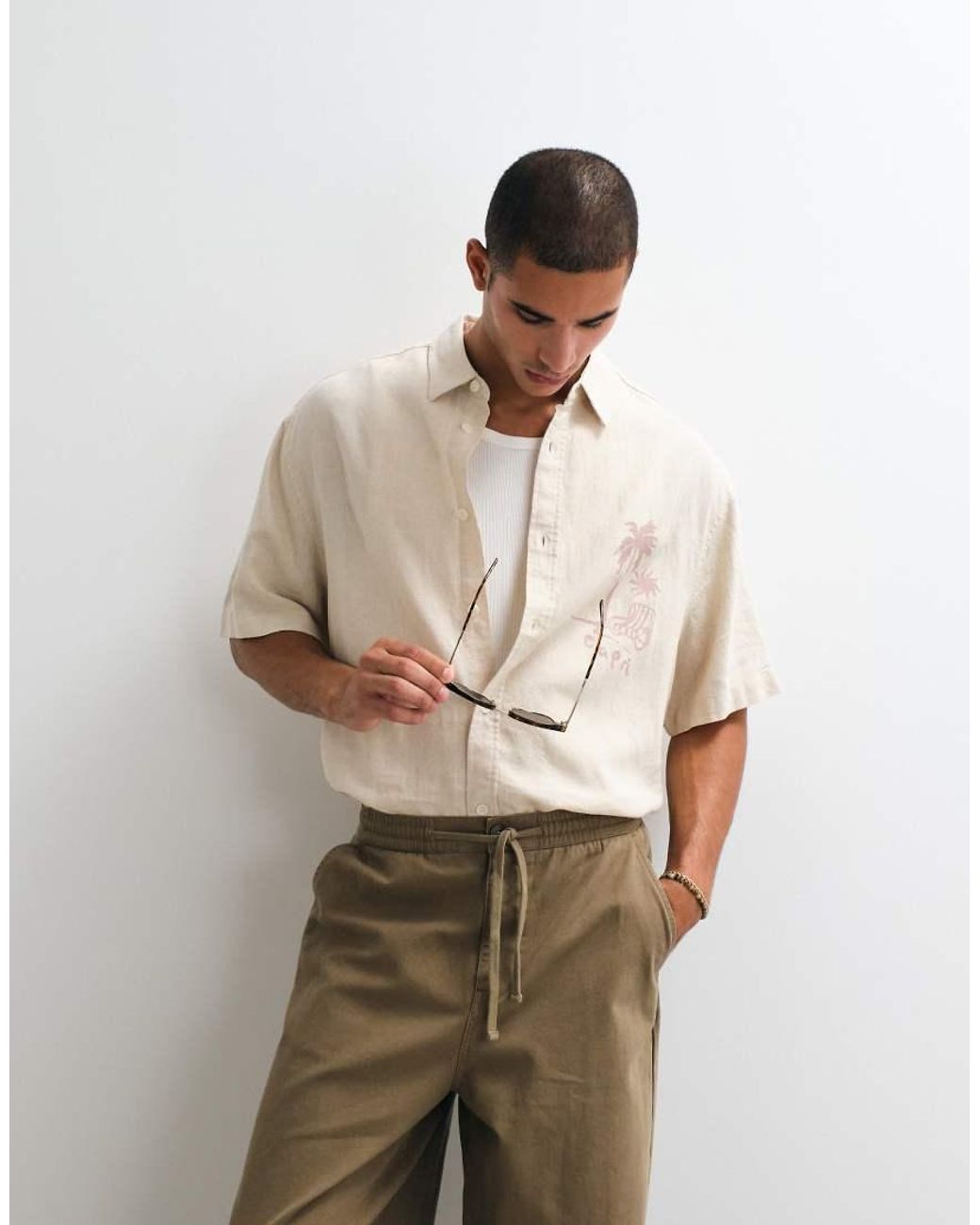 ASOS White Boxy Oversized Linen Blend Shirt With Placement Print for men