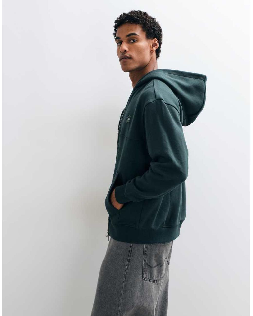 Threadbare Green Zip Through Relaxed Fit Hoodie for men