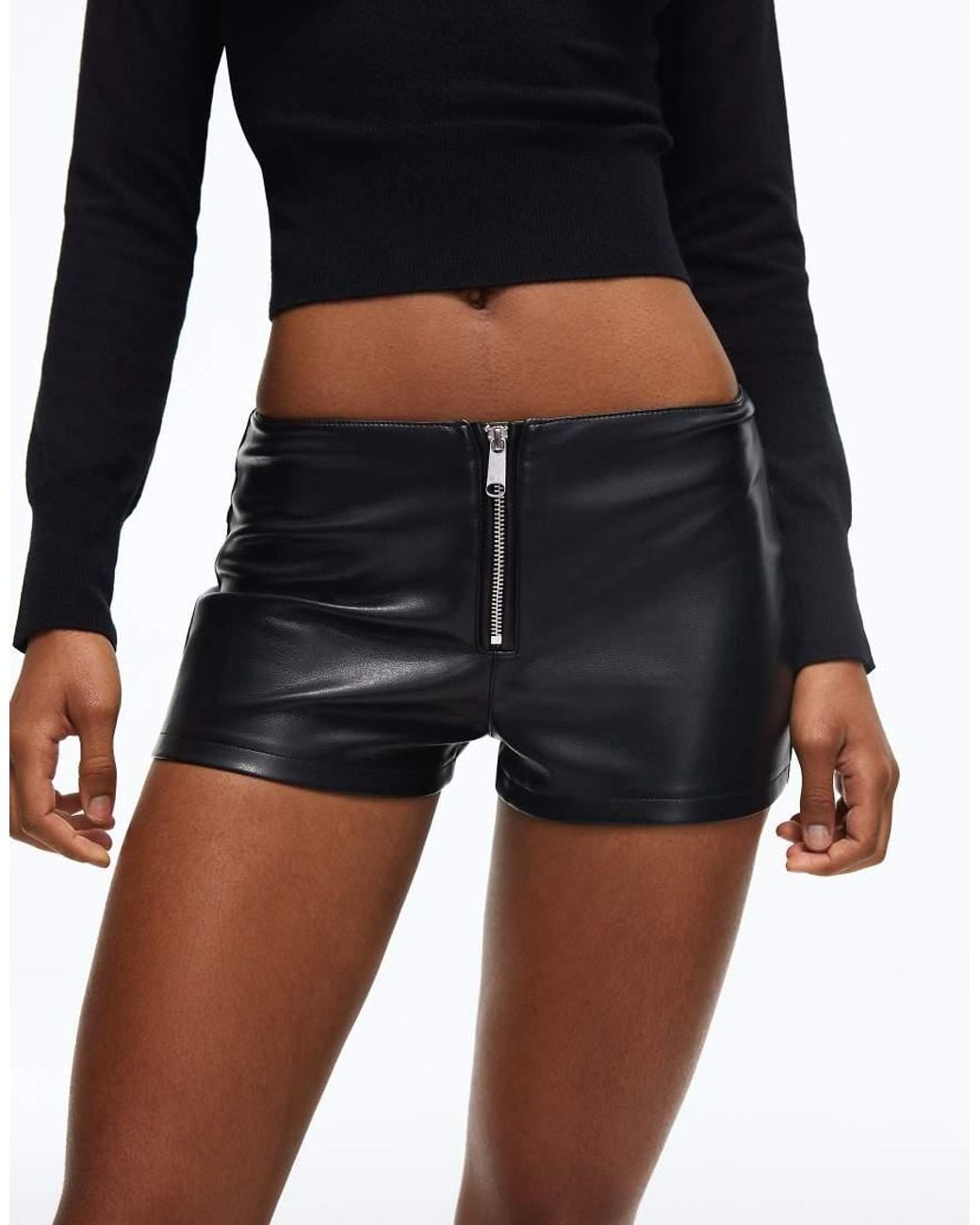 Bershka Blue Leather Effect Shorts With Front Zip