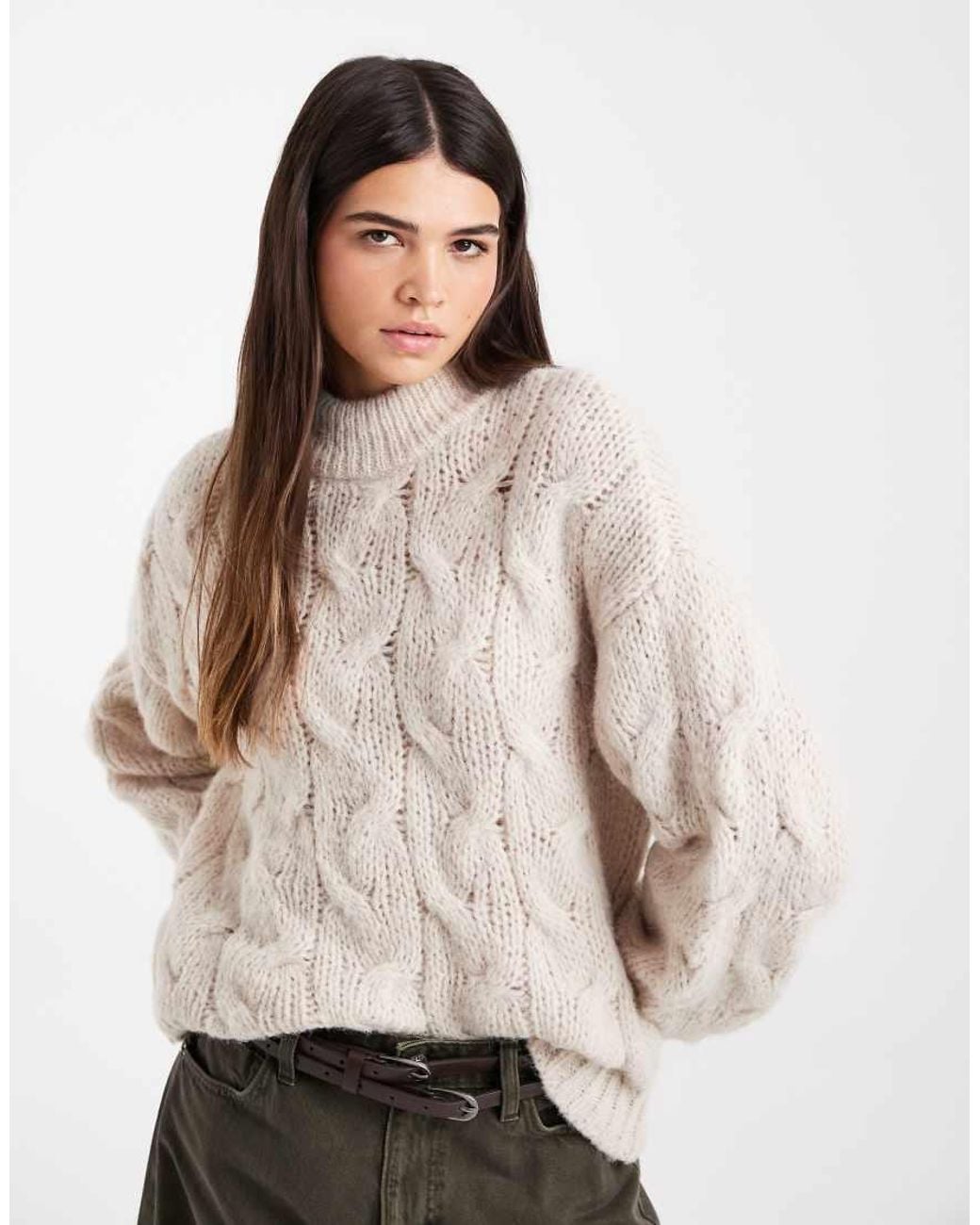 Vero Moda Natural Oversized High Neck Fluffy Cable Knit Jumper