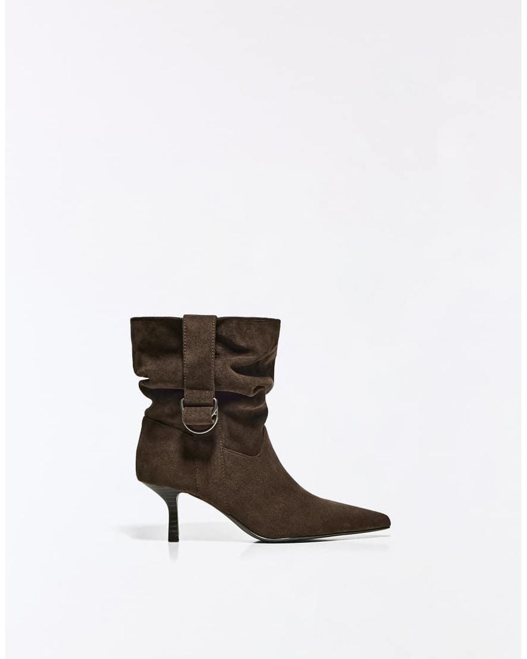 Bershka Brown Slouchy Buckle Heel Ankle Boots