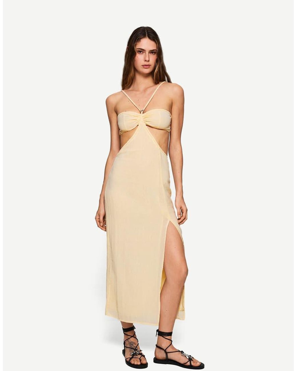 Bershka Natural Rustic Cut Out Midi Dress