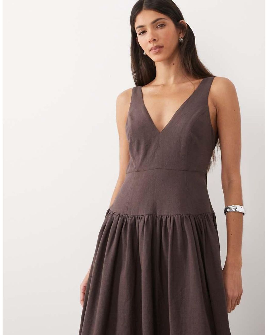 ASOS Brown Deep V Neck Dropped Waist Midi Sundress