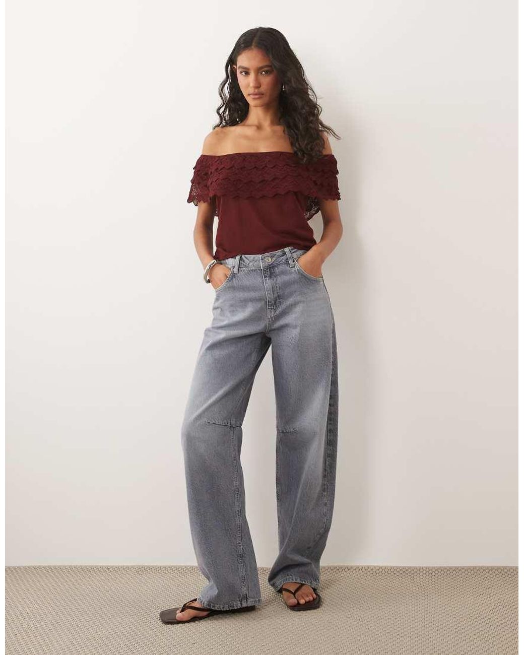 Miss Selfridge Black Knitted Frill Bardot Top