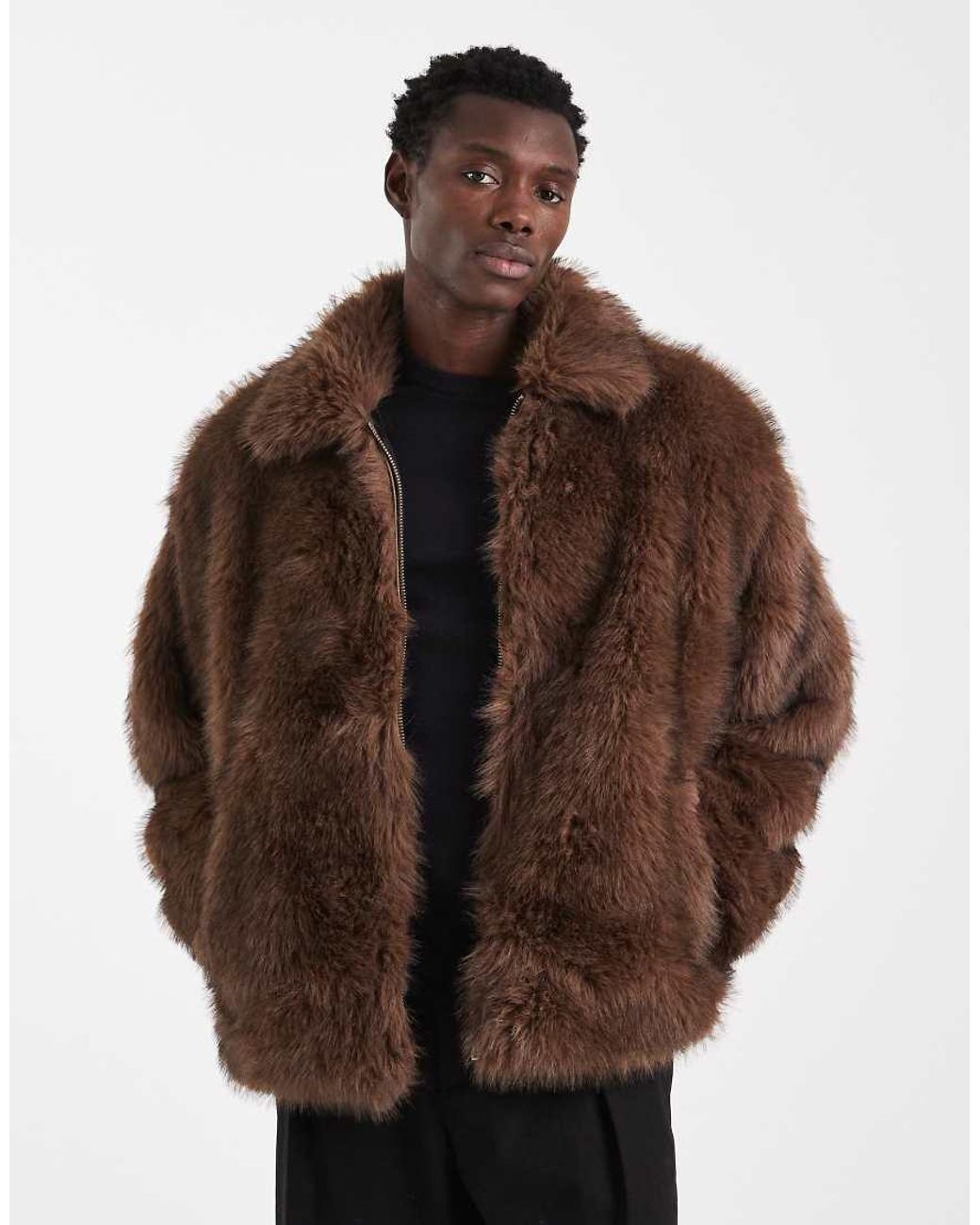 ASOS Brown Faux Fur Harrington Jacket for men