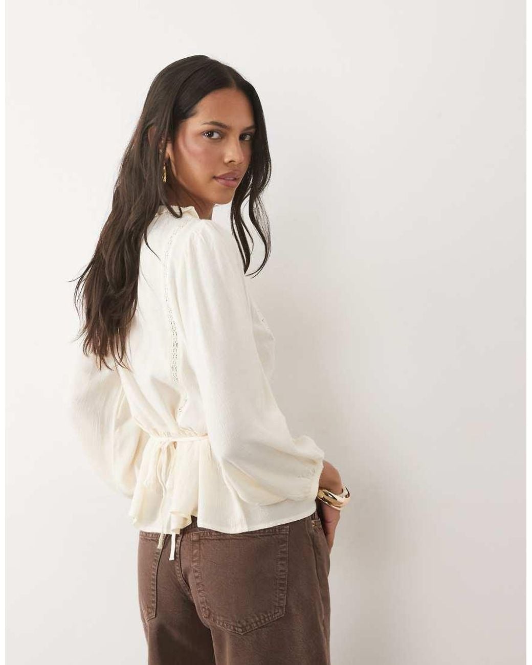 New Look Natural Broderie Detail Frill Blouse