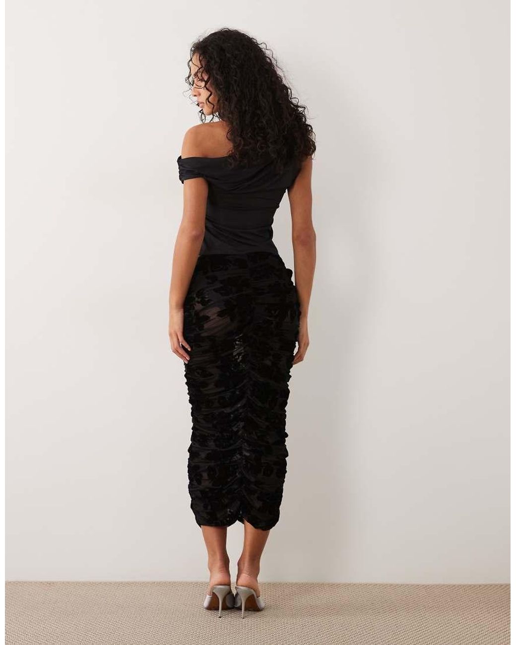 AFRM Black Flocked Mesh Mid Rise Elasticated Waistband Ruched Maxi Skirt