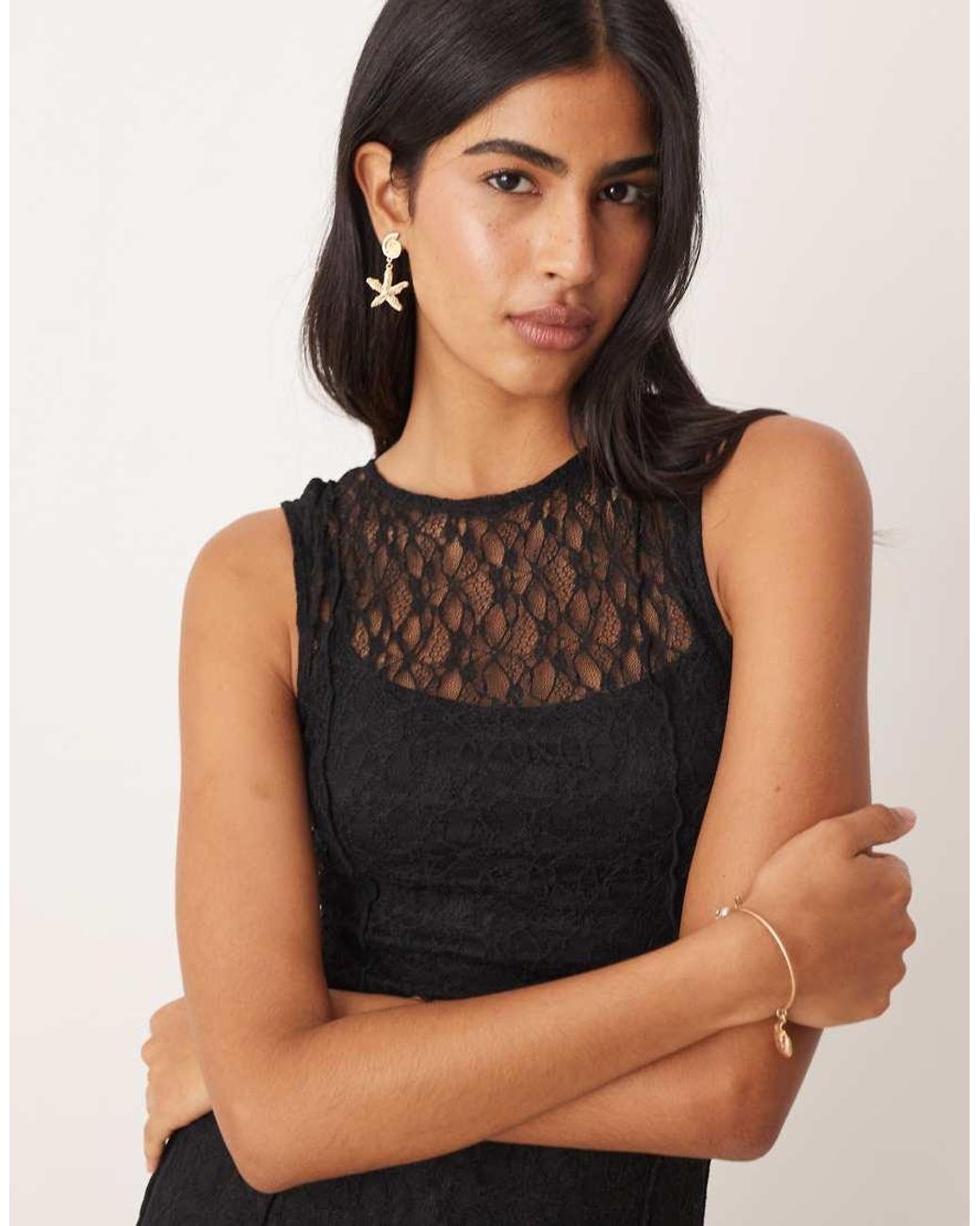 Mango Natural Slash Neck Lace Maxi Dress