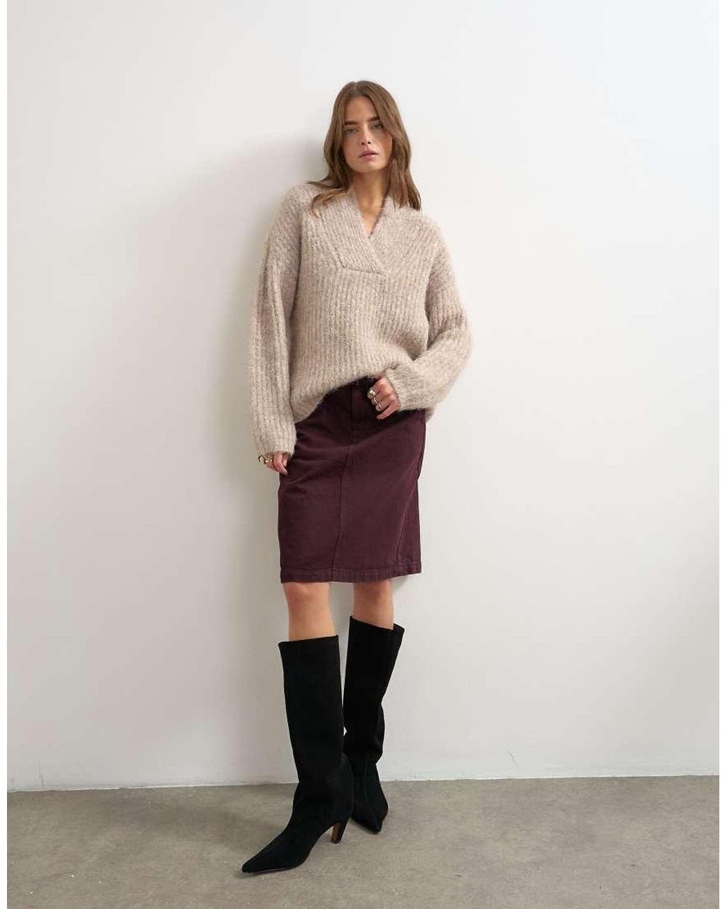 TOPSHOP Natural Knitted Chunky Shawl Collar Sweater