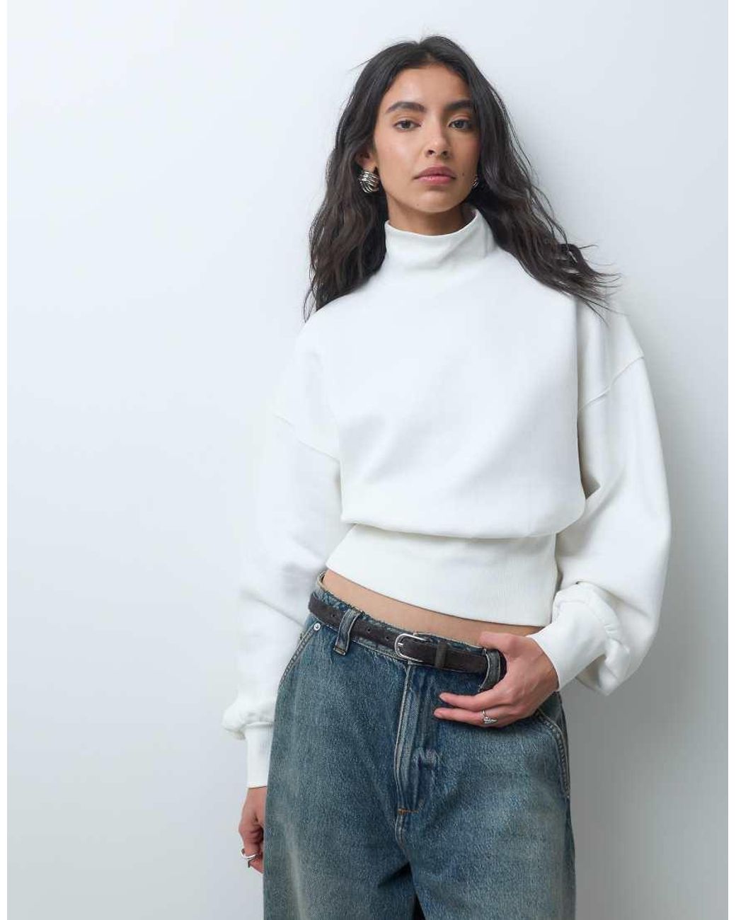 ASOS Gray Funnel Neck Cinched Waist Brushback Sweatshirt