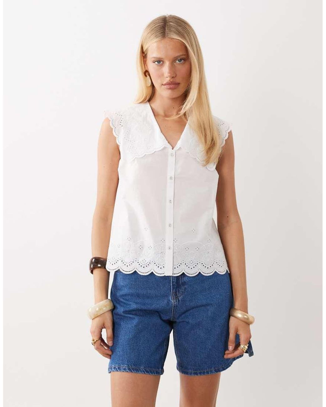 Nobody's Child White Bonnie Oversized Collar Cotton Eyelet Blouse