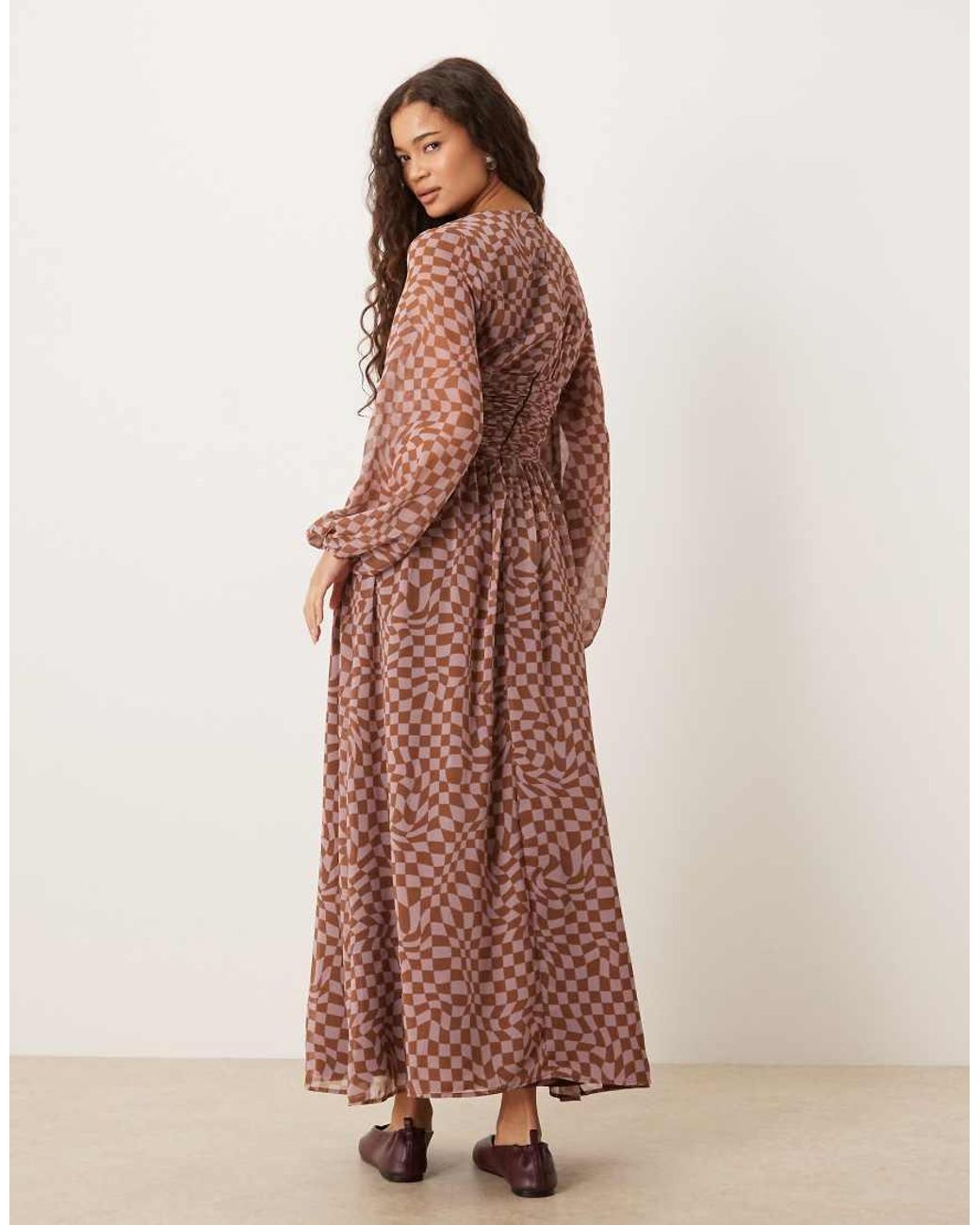 ASOS Pink Chiffon Crew Neck Maxi Dress With Ruched Waist And Volume Sleeve