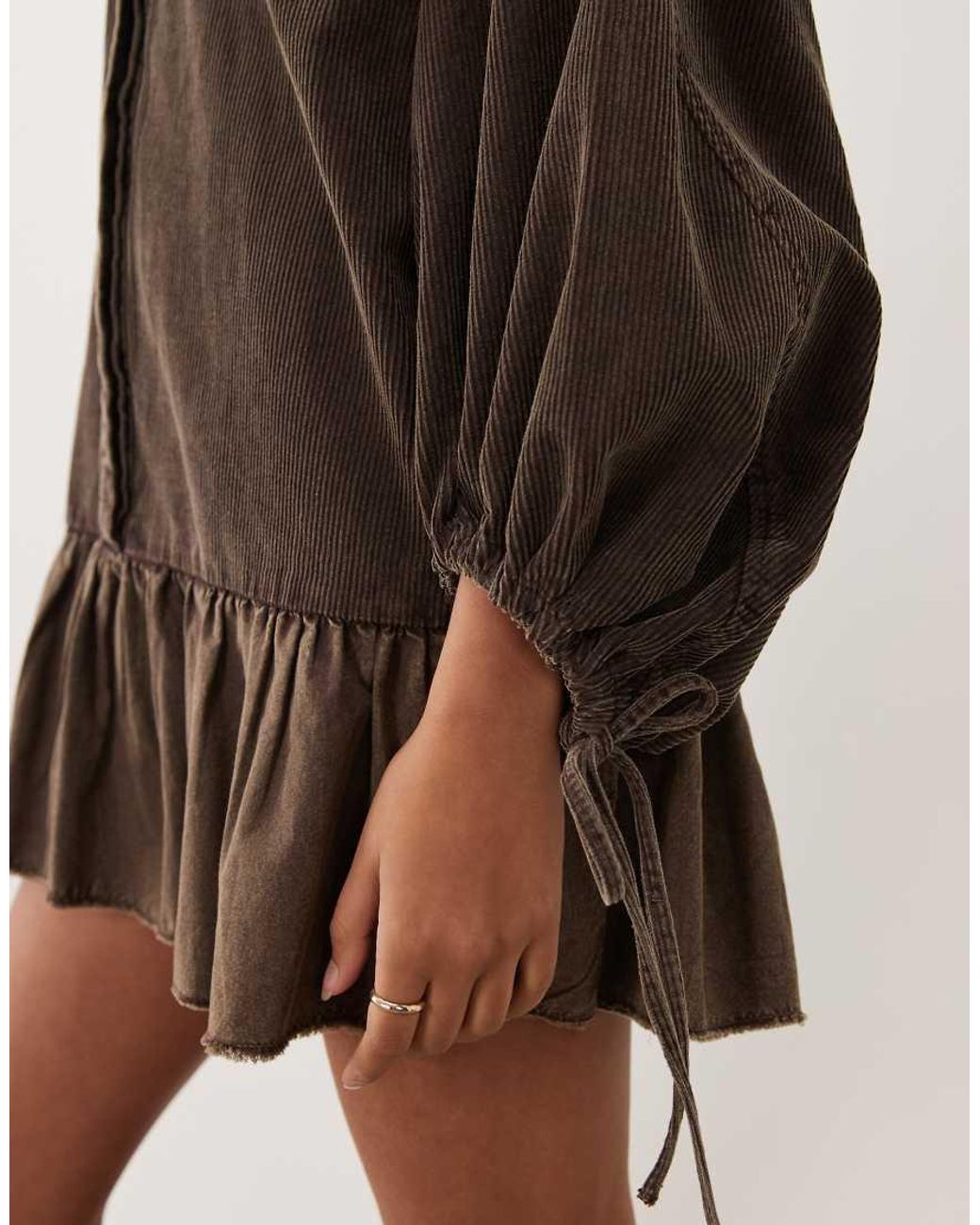 ASOS Natural Hybrid Cord Shirt Mini Dress With Balloon Sleeve And Voile Hem