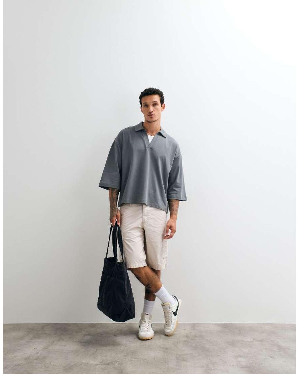 ASOS Gray Heavyweight Boxy Oversized Polo With Half Sleeve for men