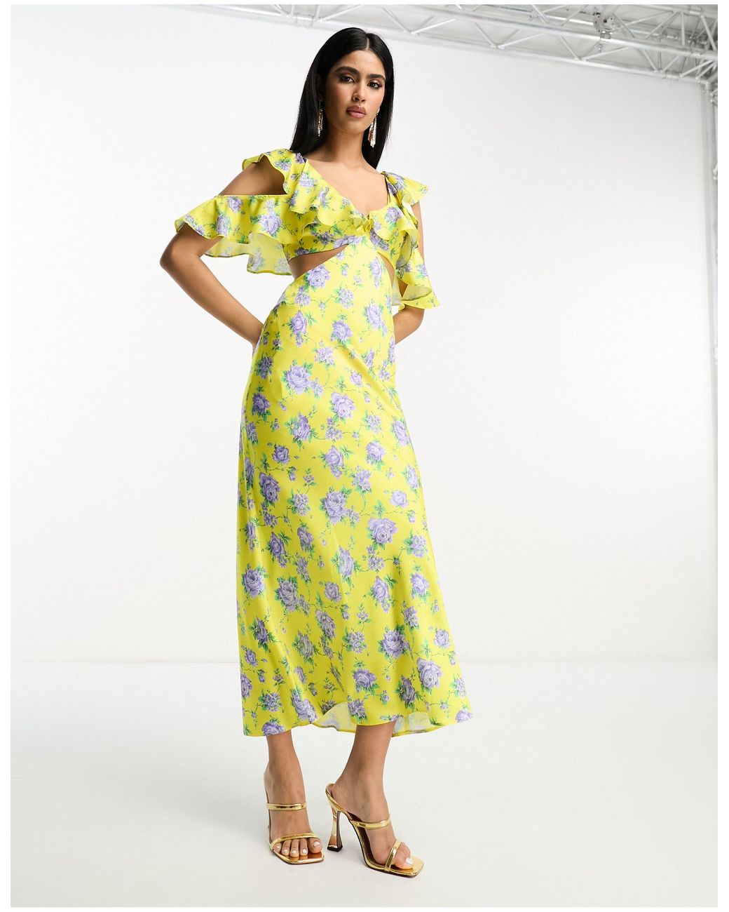 ASOS Satin Midaxi Dress With Flutter Sleeves in Yellow | Lyst UK