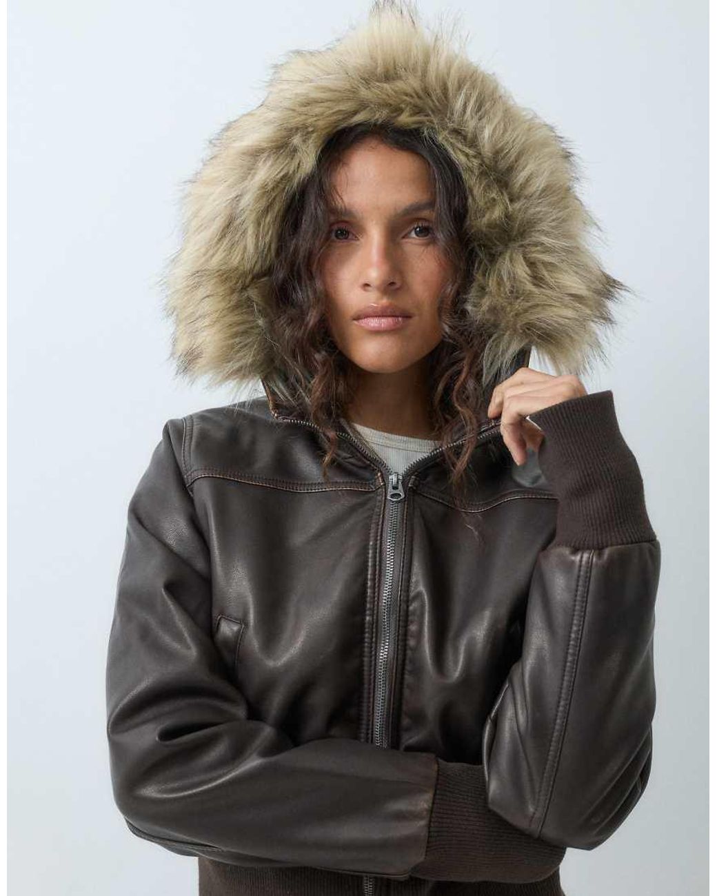 Hollister Blue Y2k Cropped Faux Leather Padded Jacket With Fur Hood