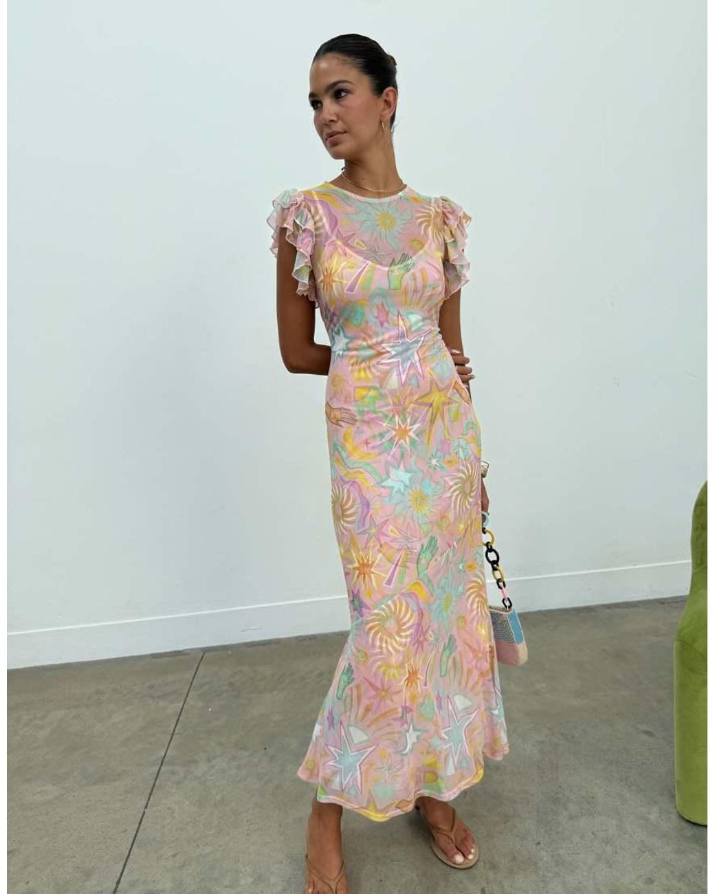Never Fully Dressed Natural Petite Frida Mesh Frill Sleeve Maxi Dress