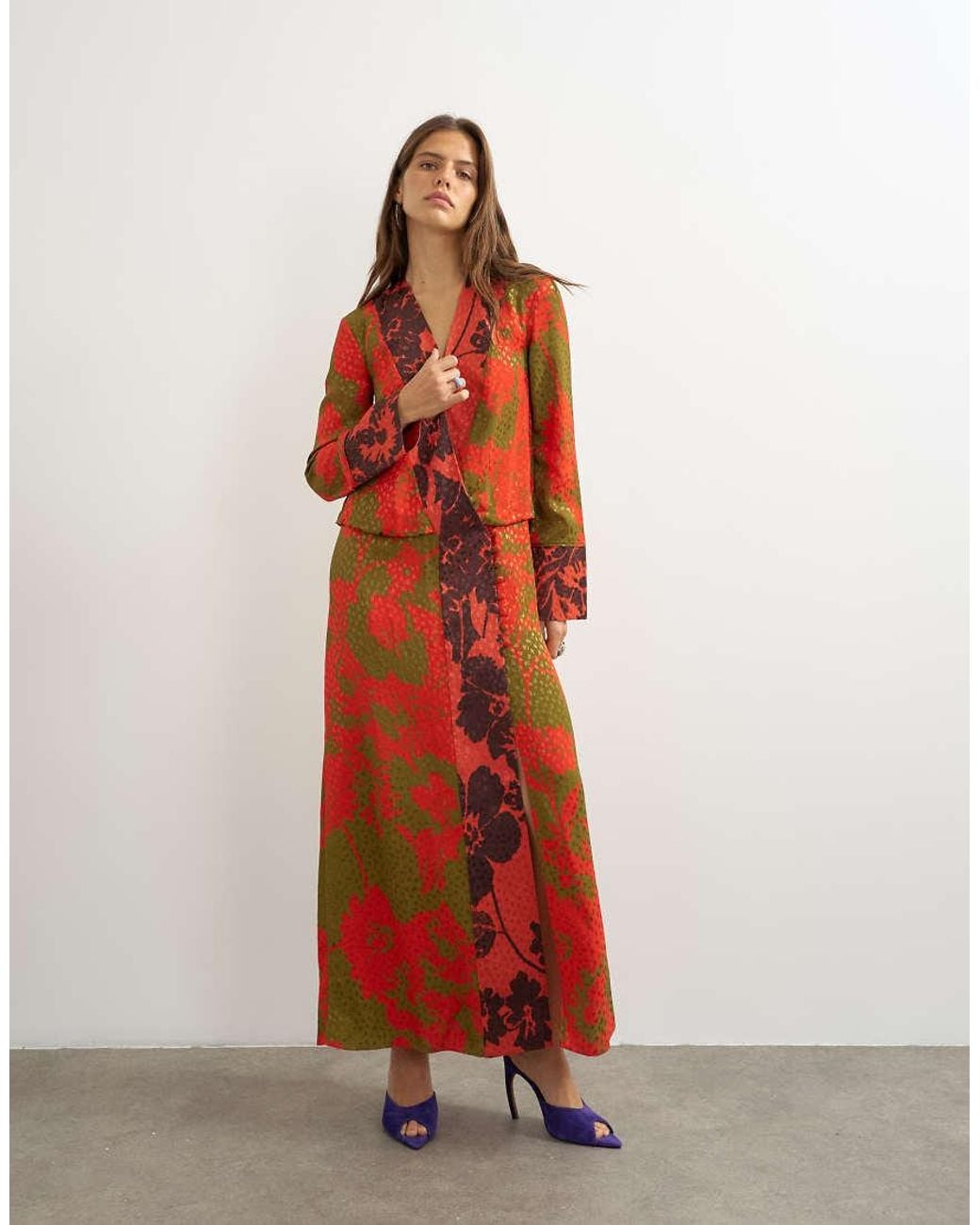 TOPSHOP Red Viscose Satin Jacquard Dropped Waist Long Sleeve Wrap Front Maxi Dress