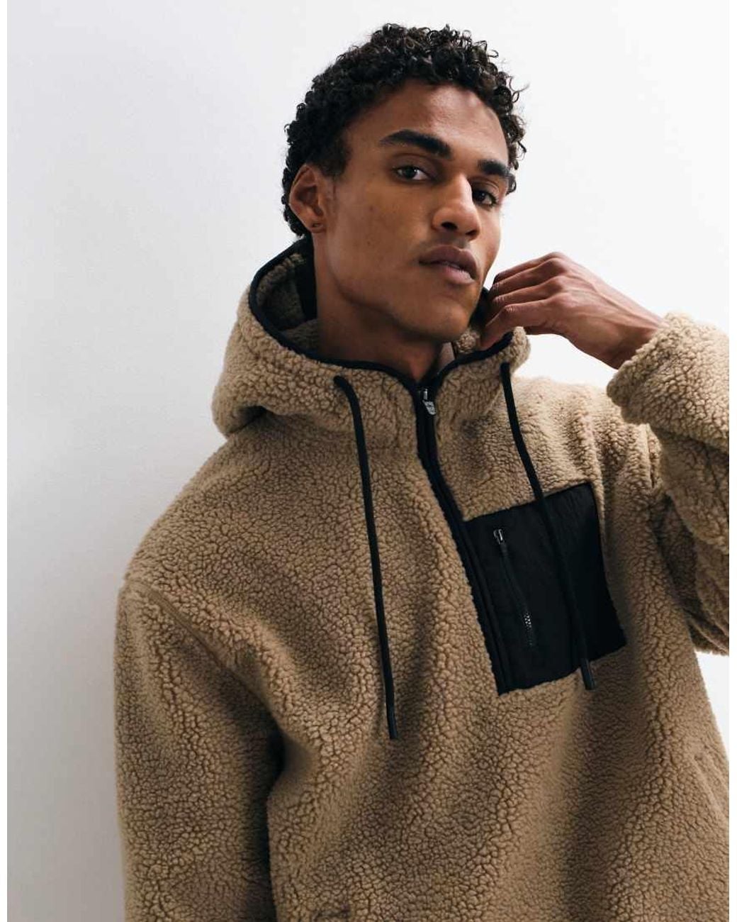 ASOS Natural Relaxed Borg Quarter Zip Hoodie With Nylon Pockets for men