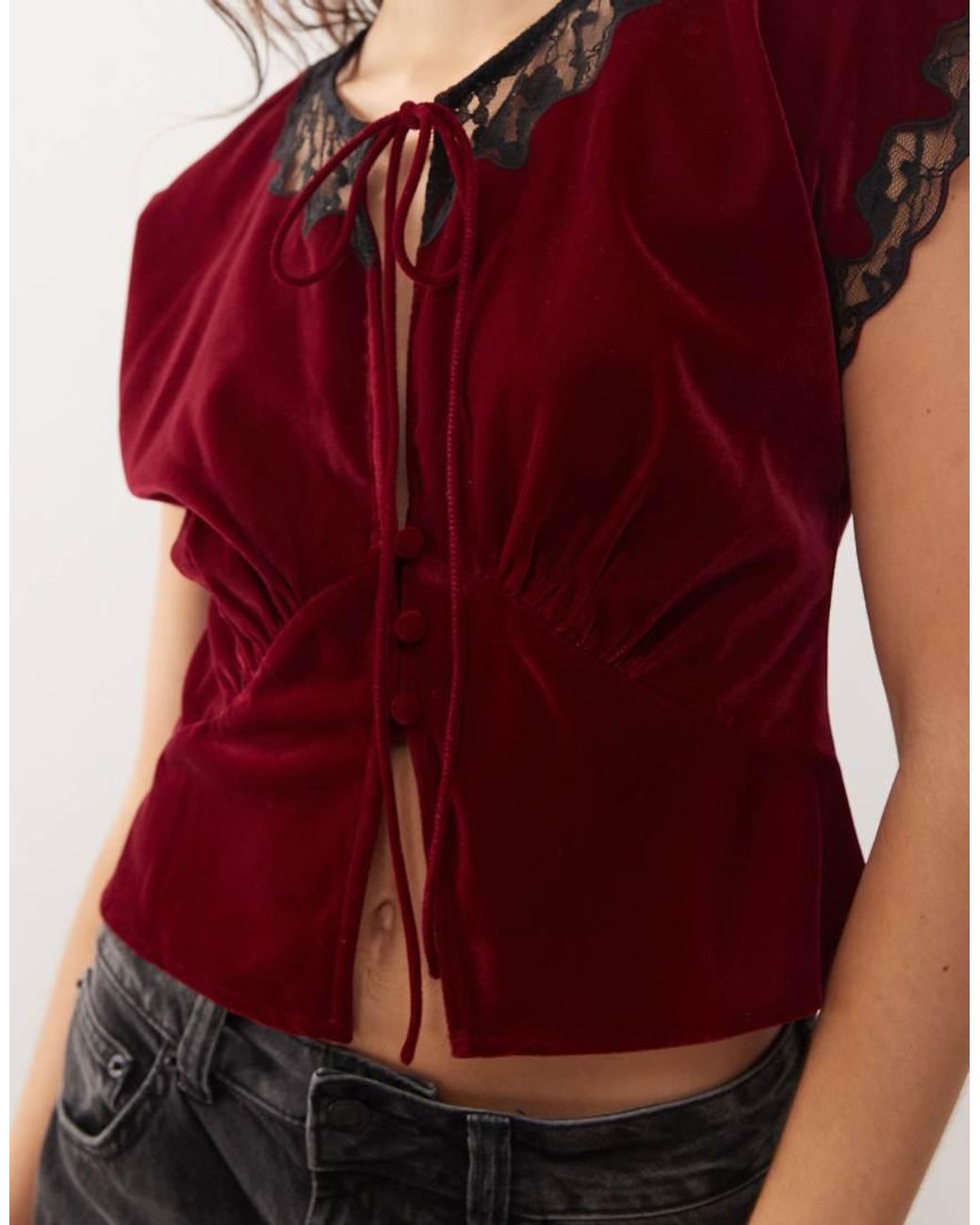 Reclaimed Vintage Red Tea Top With Inserted Lace