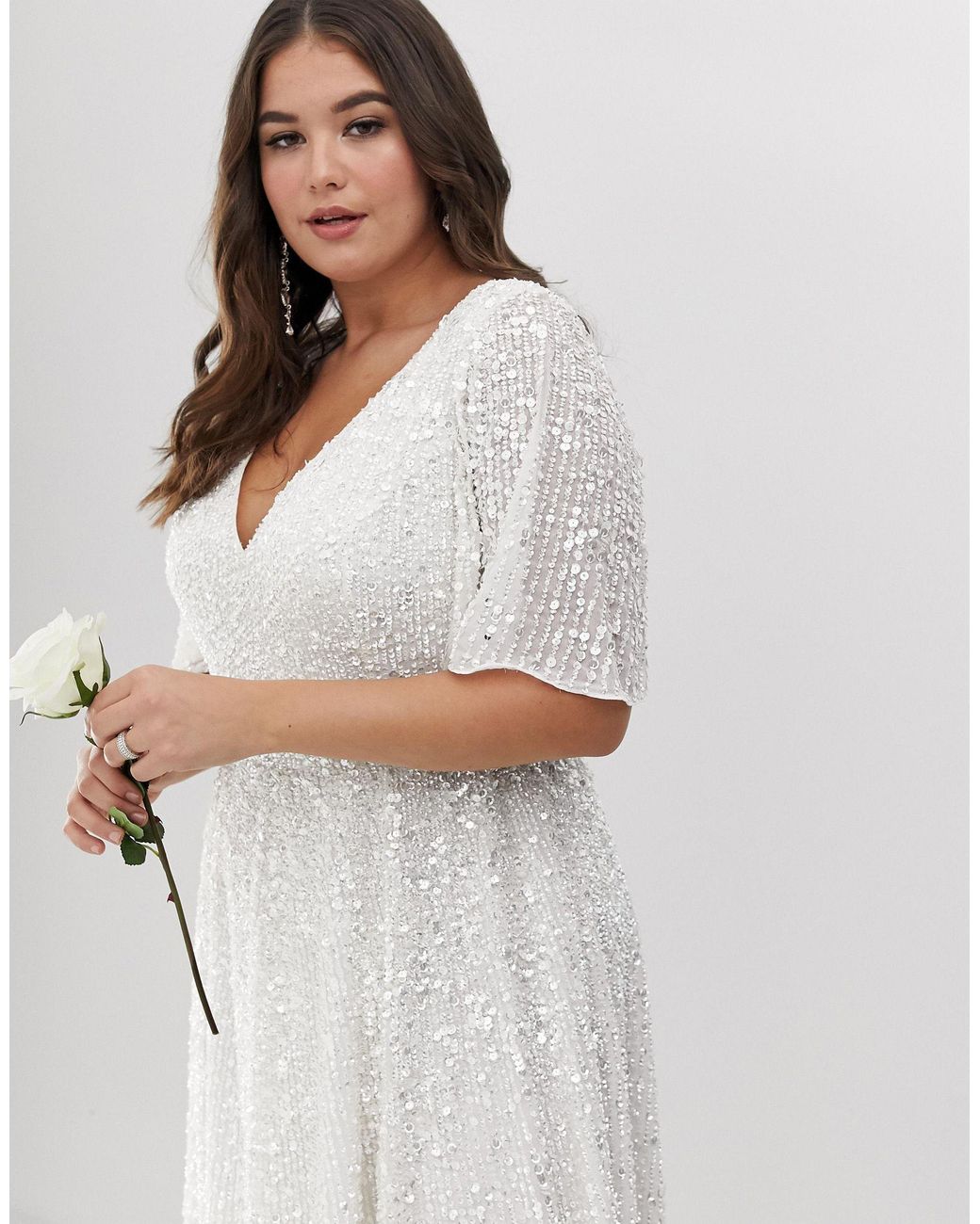 ASOS Denim Curve Flutter Sleeve Sequin Maxi Wedding Dress in White | Lyst