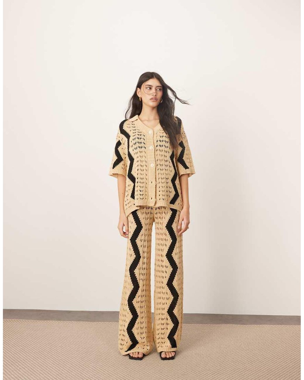 ARRANGE Natural Knitted Oversized Shirt With Zig Zag Co-ord