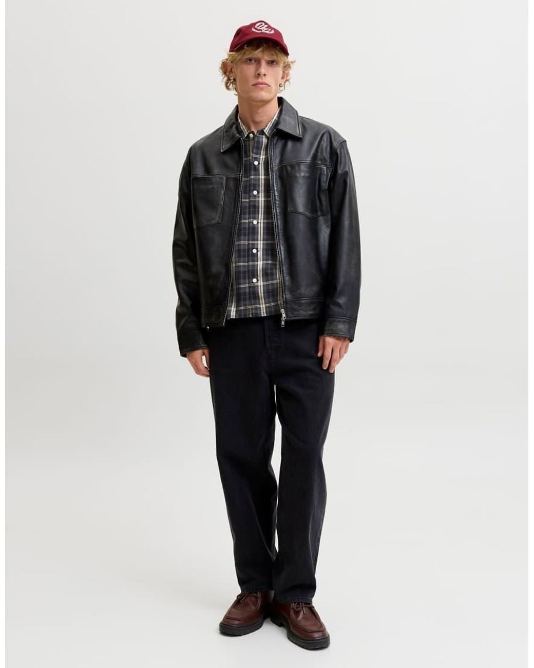 Jack & Jones Gray Austin Wide Fit Spread Collar Long Sleeve Shirt for men