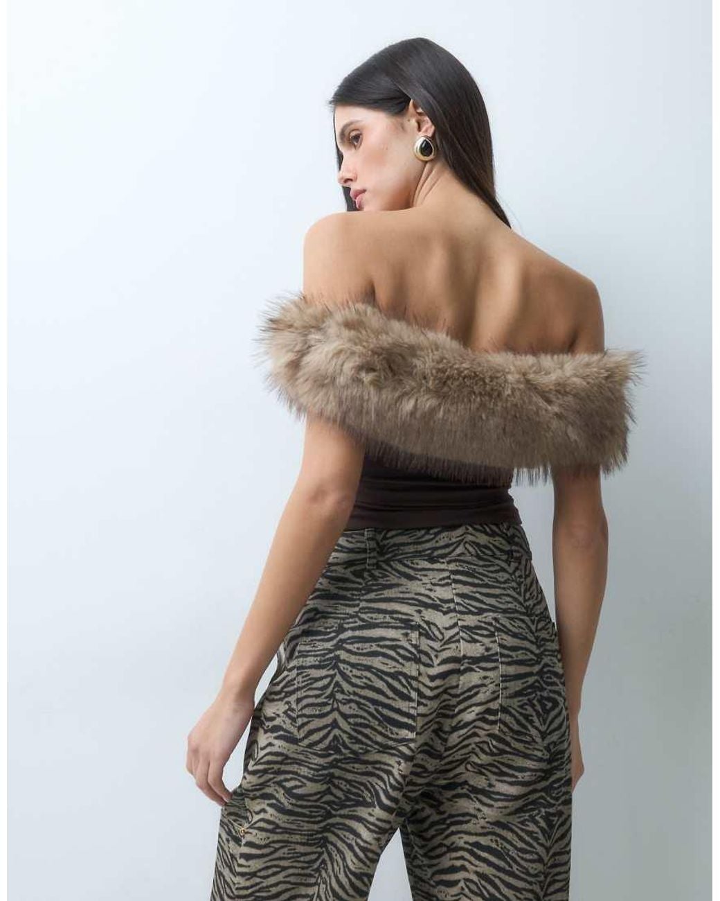 I.AM.GIA Brown Lora Bardot Faux Fur Trim Asymmetric Knitted Top