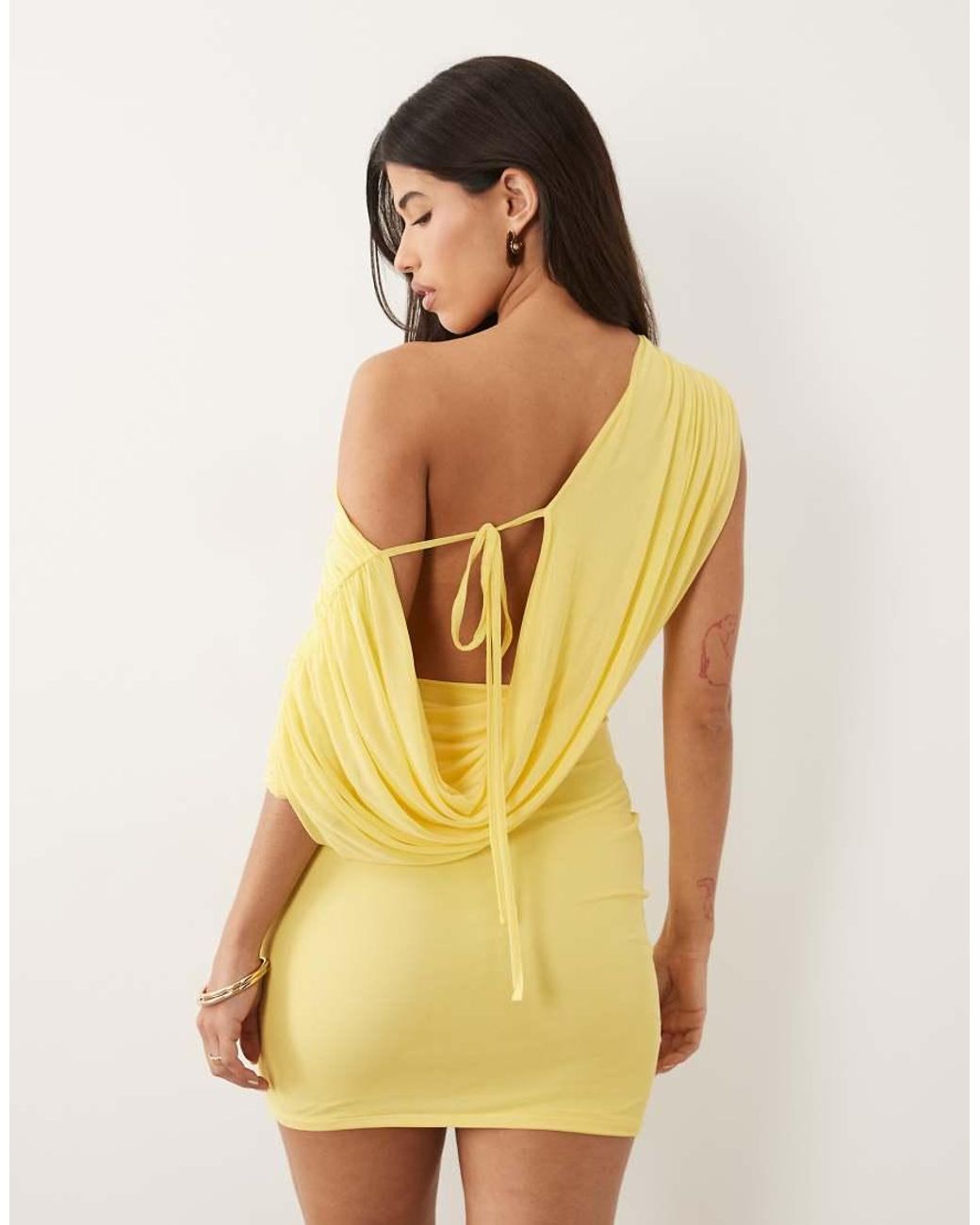 ASOS Yellow Mesh Draped Off Shoulder Mini Dress