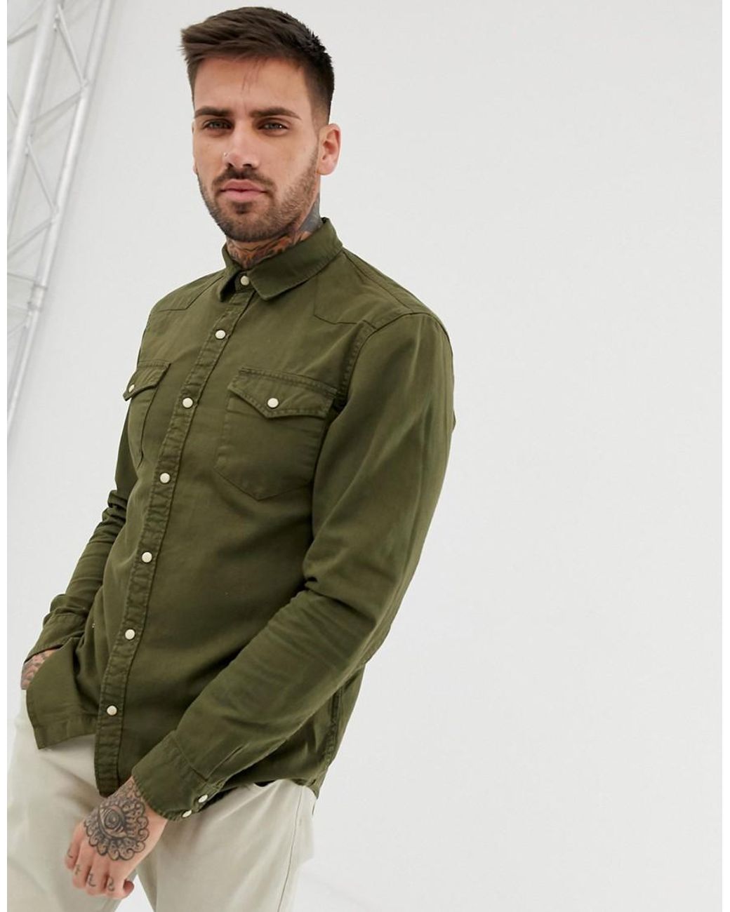 Pull&Bear Denim Shirt In Olive in Green for Men | Lyst