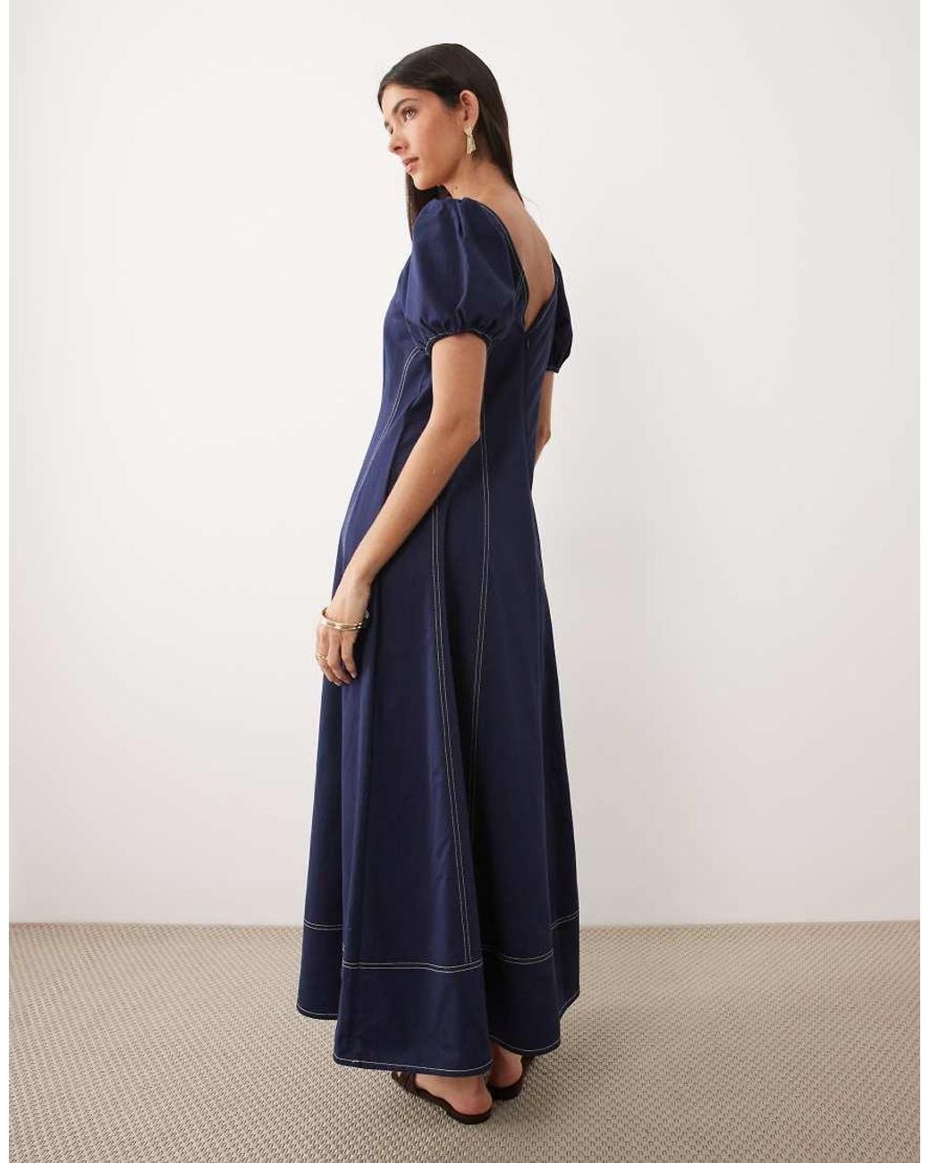ASOS Blue Square Neck Puff Sleeve Maxi Dress With Contrast Stitch Seam Detailing