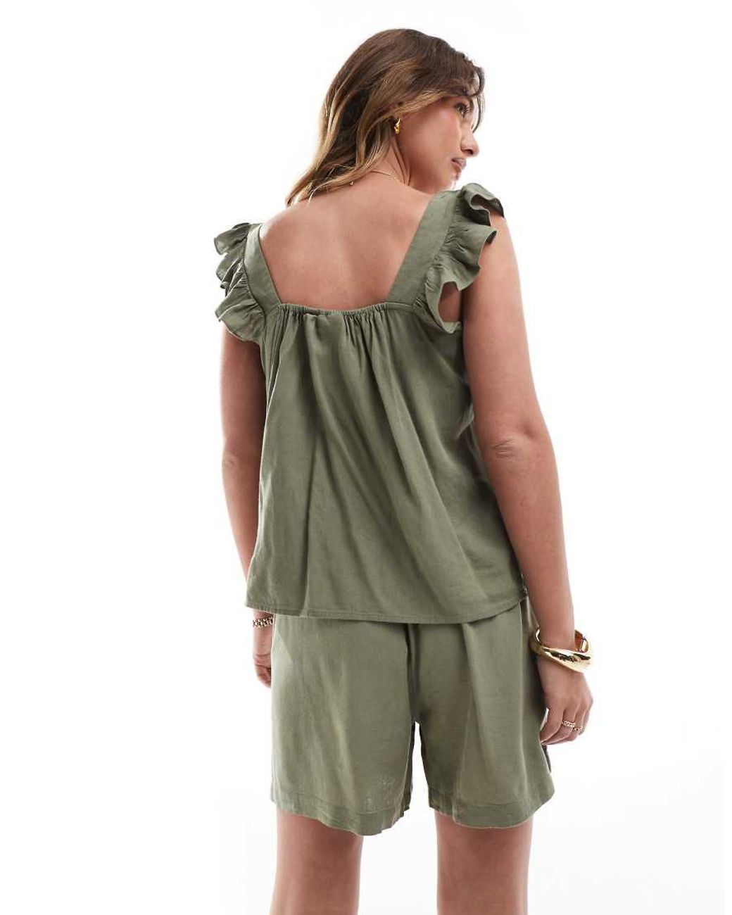 Pieces Green Linen Touch Flutter Sleeve Cami Top Co-ord