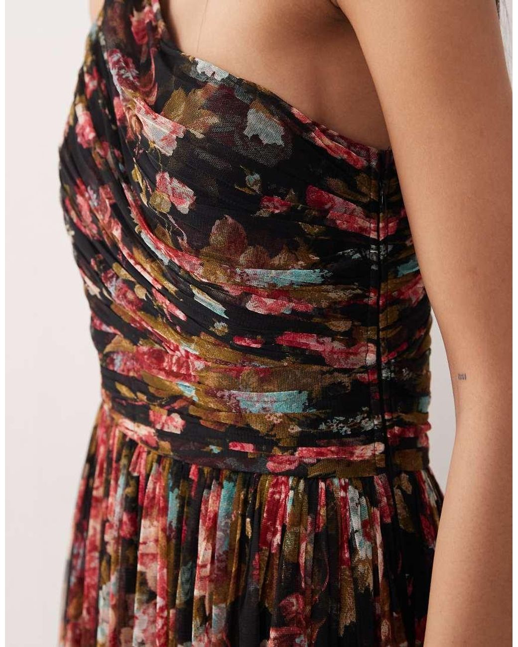 LACE & BEADS Brown Tulle One Shoulder Maxi Dress